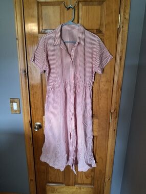 Striped Pink Midi Shirt Dress - Casual Button-Front